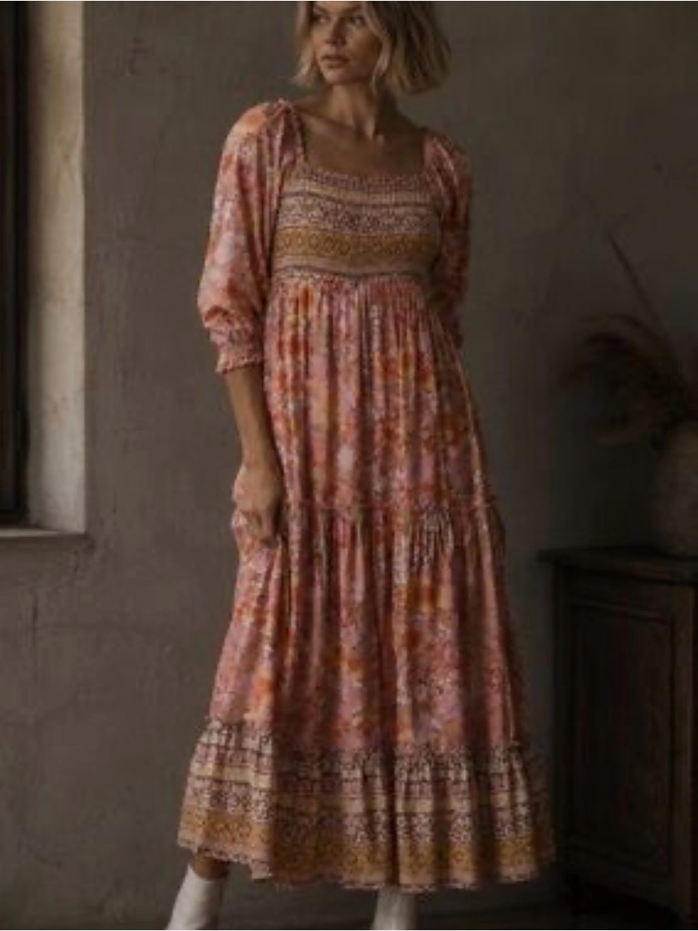 Smocked Square-Neck Pink Floral Maxi Dress
